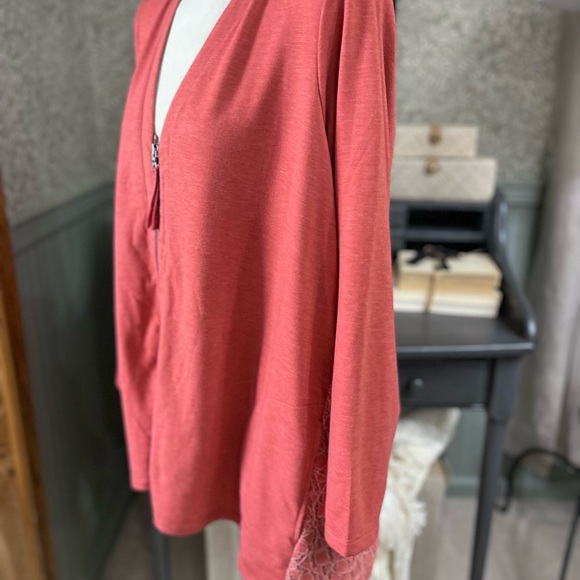 LOGO Lounge by Lori Goldstein Coral Lace Back Knit Sweatshirt Cardigan - Picture 3 of 8